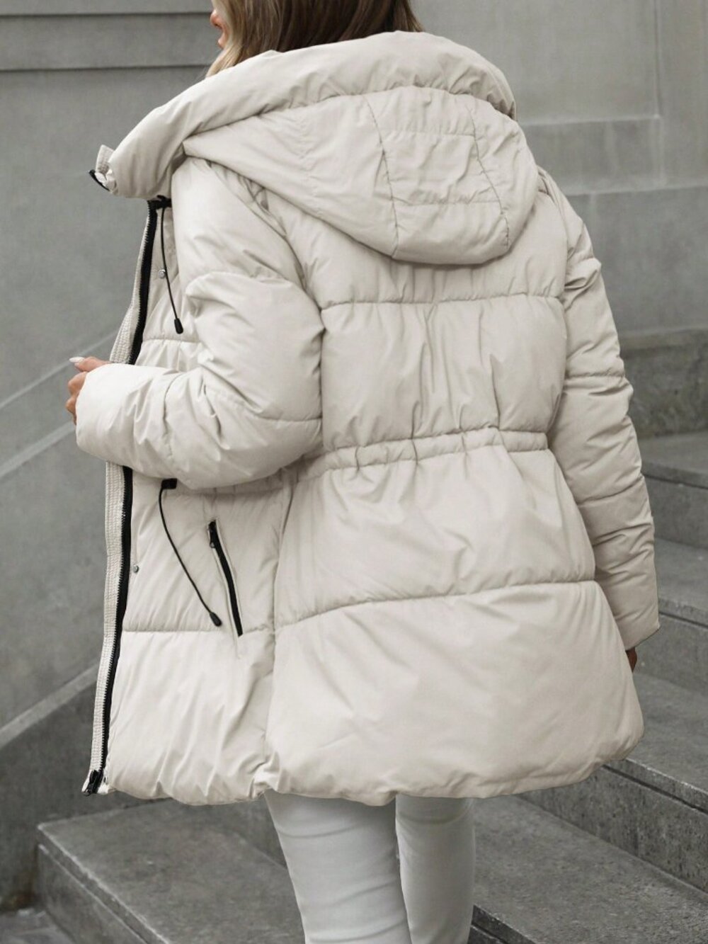 Beige Casual Women's Mid-Length Slim Fit Padded Hooded Padded Coat - Picture 2 of 5